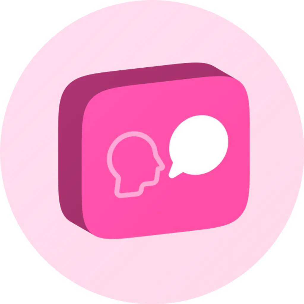 Pink chat bubble icon on a dark purple circular background.