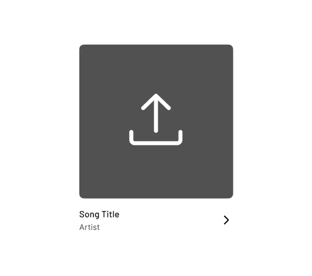 Schwarzes Rechteck mit grauer Umrandung, darin weißer Uploadpfeil und Textfelder für Songtitel und Künstler.