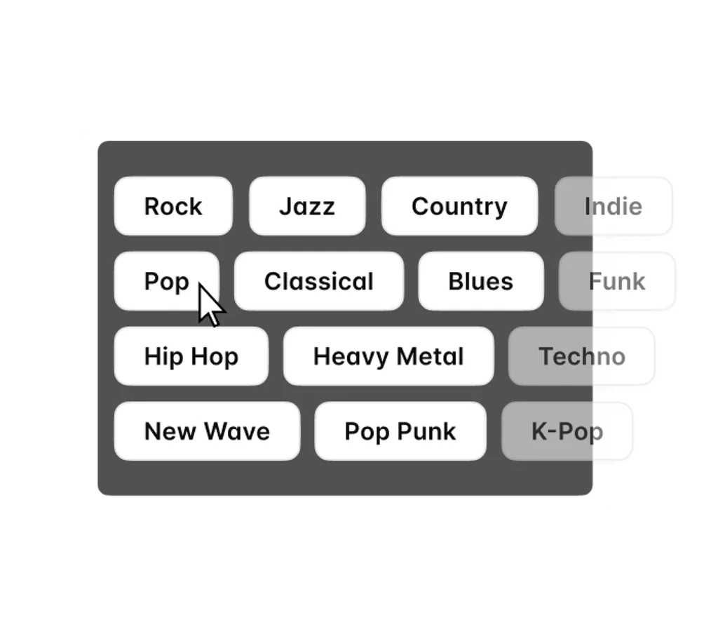 Grafisches Raster von Musikkategorien auf schwarzem Hintergrund, einschließlich Rock, Jazz, Country, Indie, Pop, Klassik, Blues, Funk, Hip Hop, Heavy Metal, Techno, New Wave, Pop Punk und K-Pop.