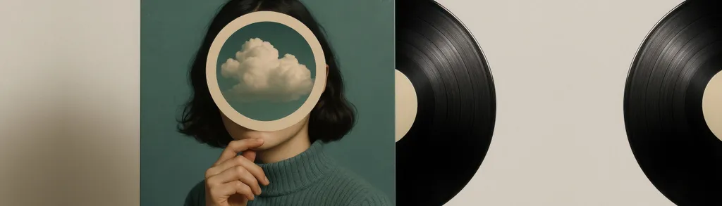 Woman with short dark hair holds circular mirror showing blue sky with white clouds, standing next to black vinyl records on wall.