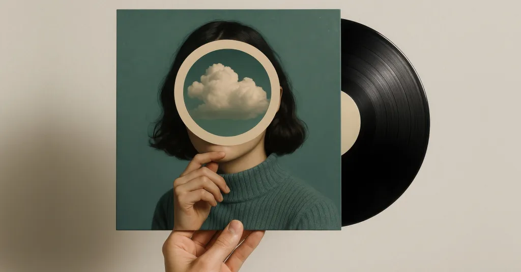 Grünes Albumcover mit schwarzer Schallplatte. Person hält rundes Objekt mit Wolkenmotiv vor das Gesicht. Grüner Pullover sichtbar.