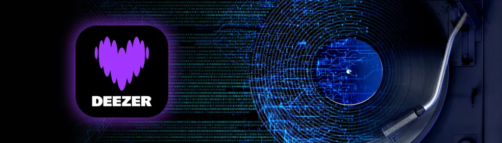 Deezer app icon with purple heart logo on left, blue digital waveform patterns and circular tech elements on dark background.