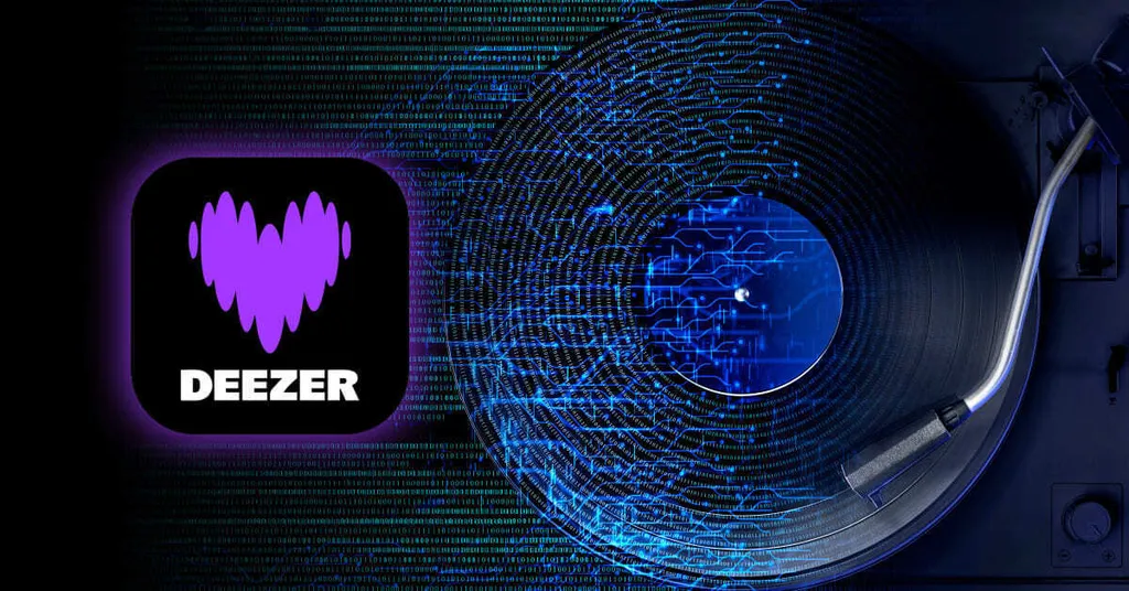 Deezer app icon with purple heart-shaped sound wave logo next to blue circular digital tunnel pattern on dark background.