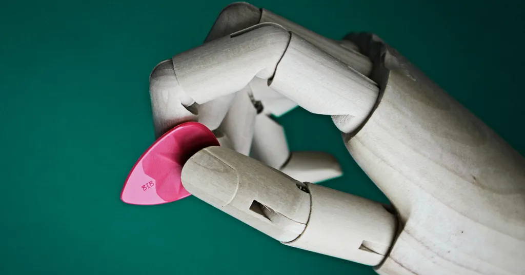 White robotic hand holding small pink heart-shaped object against green background.