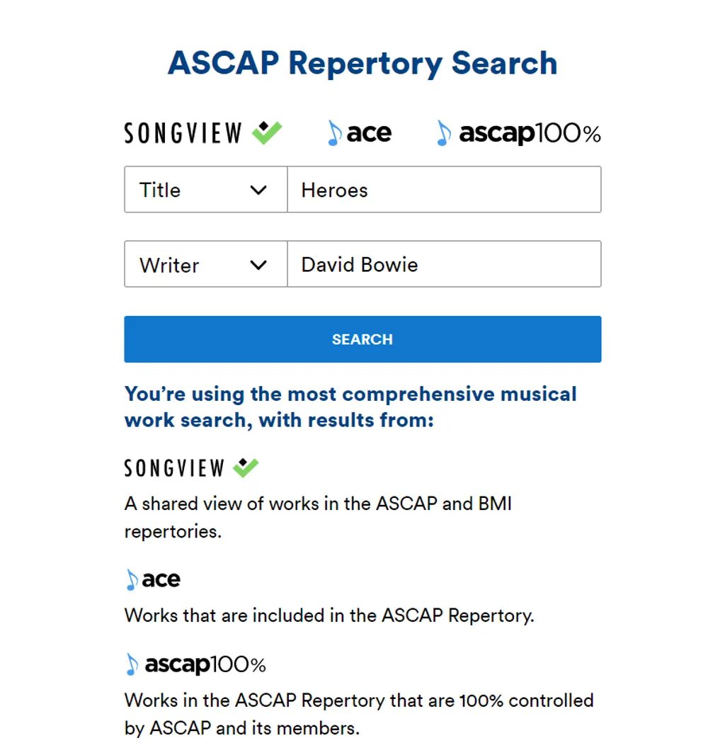 ASCAP Repertory Search Heroes David Bowie iMusician