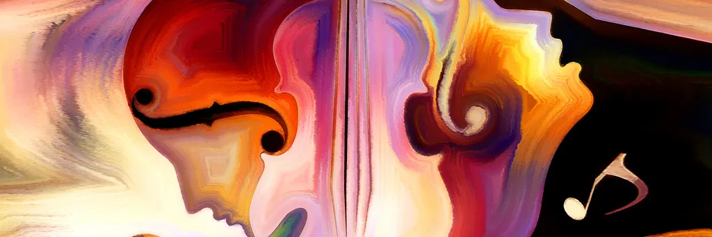 Abstract painting of a violin and faces