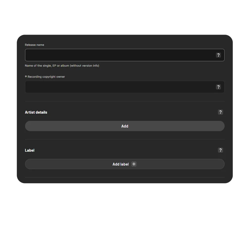 Formulario web oscuro con campos para nombre de lanzamiento, detalles de artista y etiquetas, botones "Add" y "Add label"
