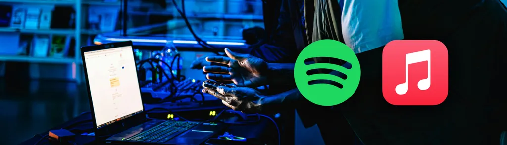 Blue-lit recording studio with mixing console, computer monitor, and microphone. Green Spotify logo and red music note icon overlaid.