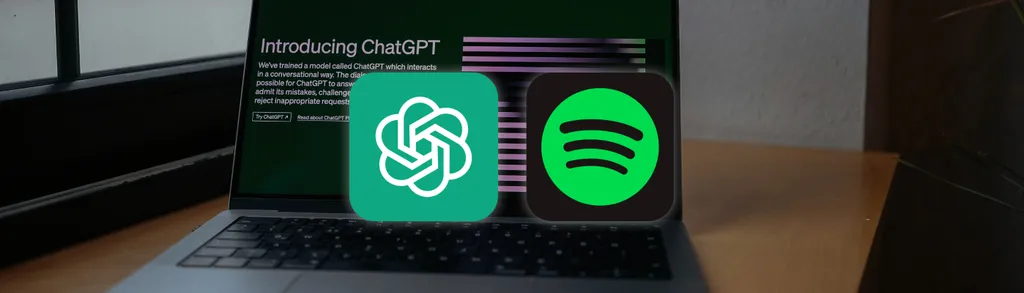 Pantalla de laptop mostrando página web "Introducing ChatGPT" con dos íconos verdes: logotipo espiral blanco y logo de Spotify.
