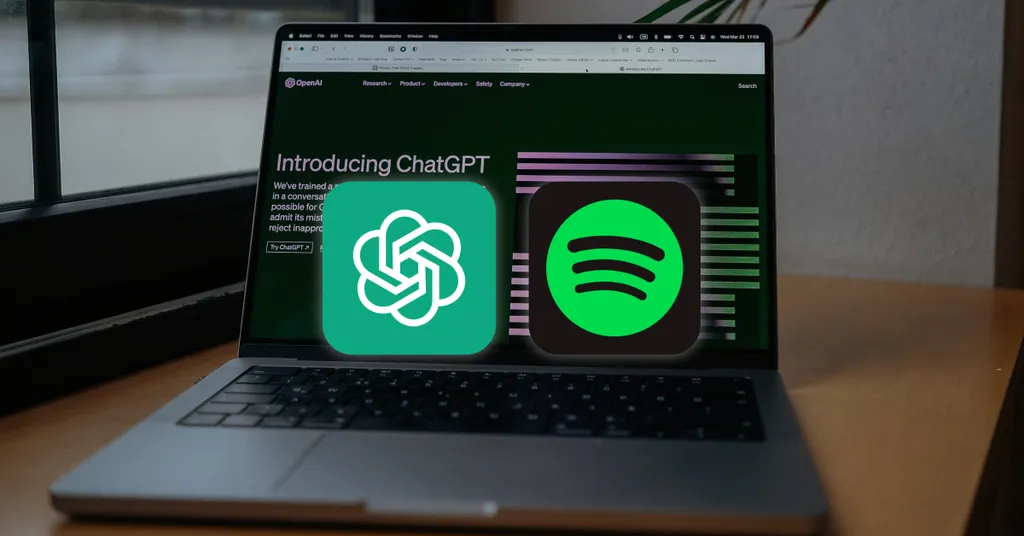 Écran d'ordinateur portable montrant deux icônes d'applications vertes - logo ChatGPT en spirale et logo Spotify rond.