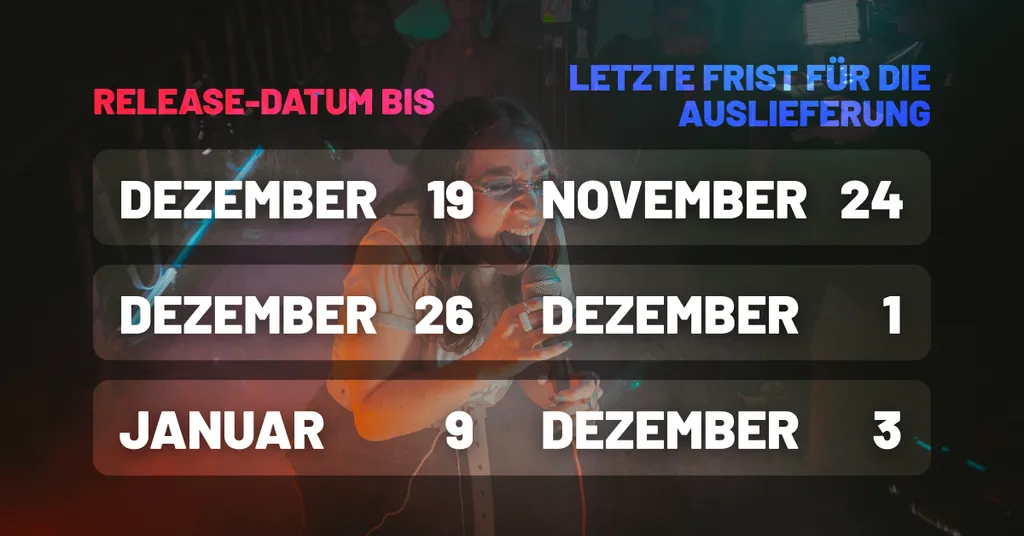 Terminkalender mit Datum-Bereichen in weißer Schrift auf dunklem Hintergrund mit bunten geometrischen Formen.