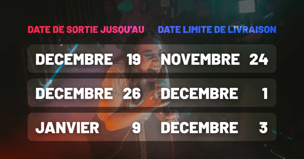 Tableau avec dates de sortie et limites de livraison sur fond coloré flou. Texte blanc sur barres semi-transparentes sombres.