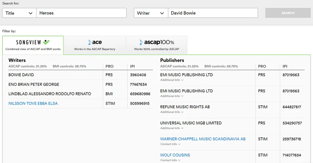ASCAP Repertory Search Heroes David Bowie iMusician