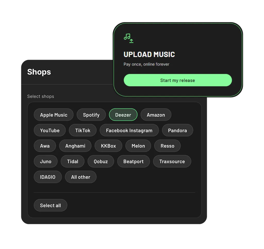 Interfaz de subida de música con ventana emergente verde y lista de tiendas digitales como Spotify, Apple Music, YouTube en fondo oscuro.