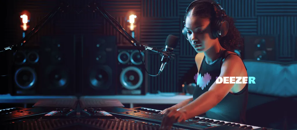 DJ mit Kopfhörern an Mischpult in blau-rot beleuchtetem Studio mit Lautsprechern und Mikrofon im Hintergrund.