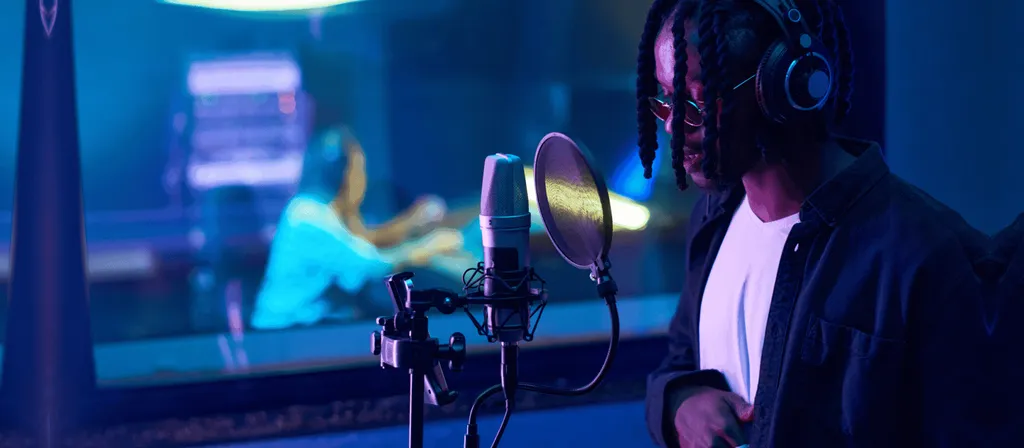 Uomo con cuffie registra al microfono in studio illuminato di blu, figura sfocata sullo sfondo.