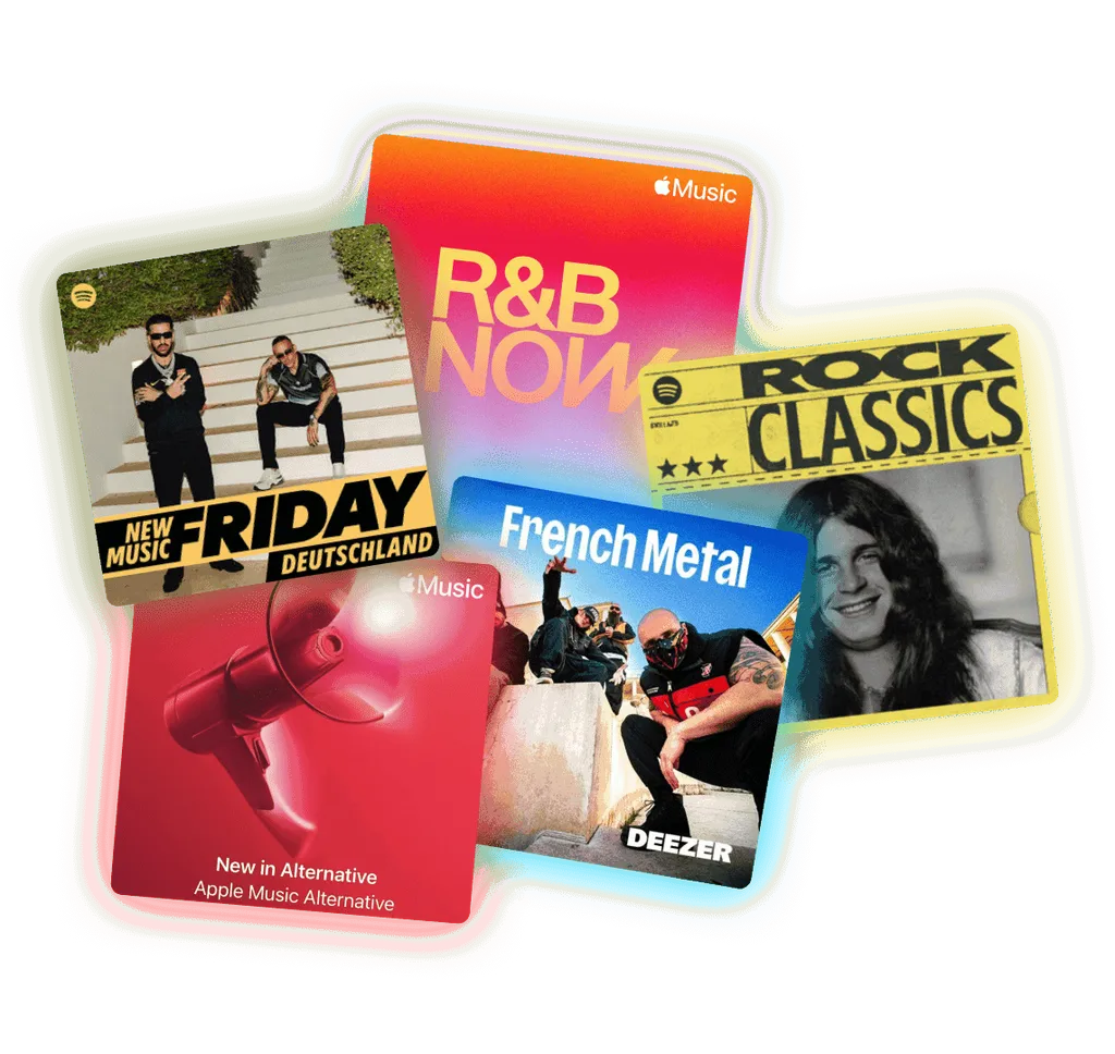 Copertine di playlist musicali sovrapposte: R&B Now arancione-rosa, New Friday Deutschland, Rock Classics giallo, French Metal blu, Alternative rossa.