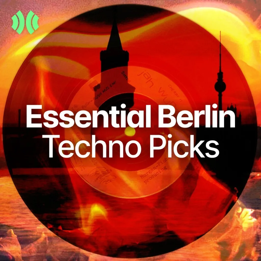 Album cover with red and orange circular gradient overlay on Berlin skyline silhouette. White text reads "Essential Berlin Techno Picks."