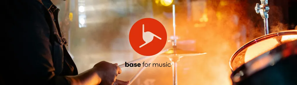Drummer at kit with orange lighting, red circular logo with white bird silhouette and "base for music" text overlay.