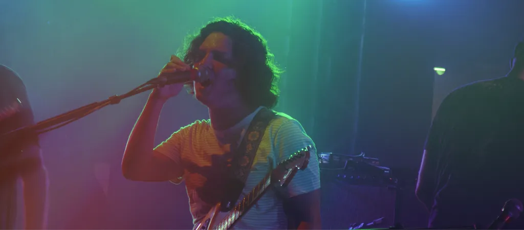 Musician with curly hair singing into microphone while playing guitar, illuminated by green and purple stage lighting.