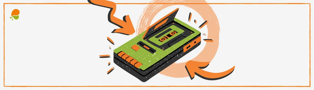 Ilustración de walkman de color verde y naranja con logo de iMusician