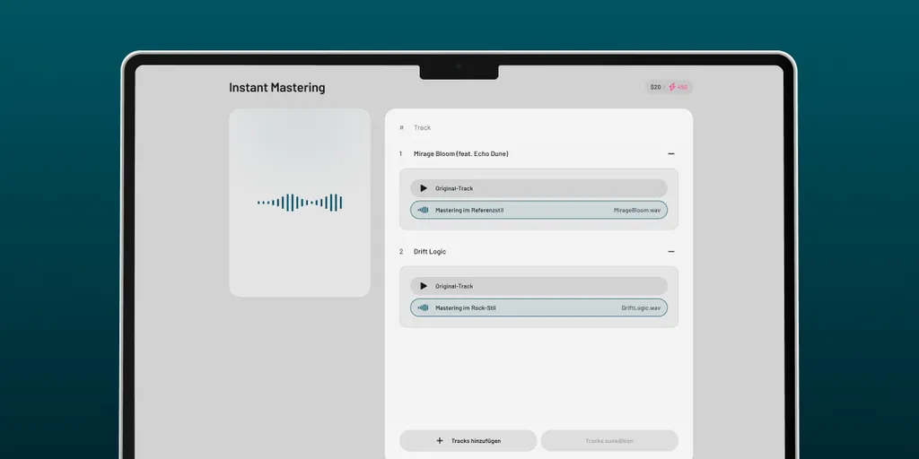 Computerbildschirm mit der Instant Mastering-Benutzeroberfläche.