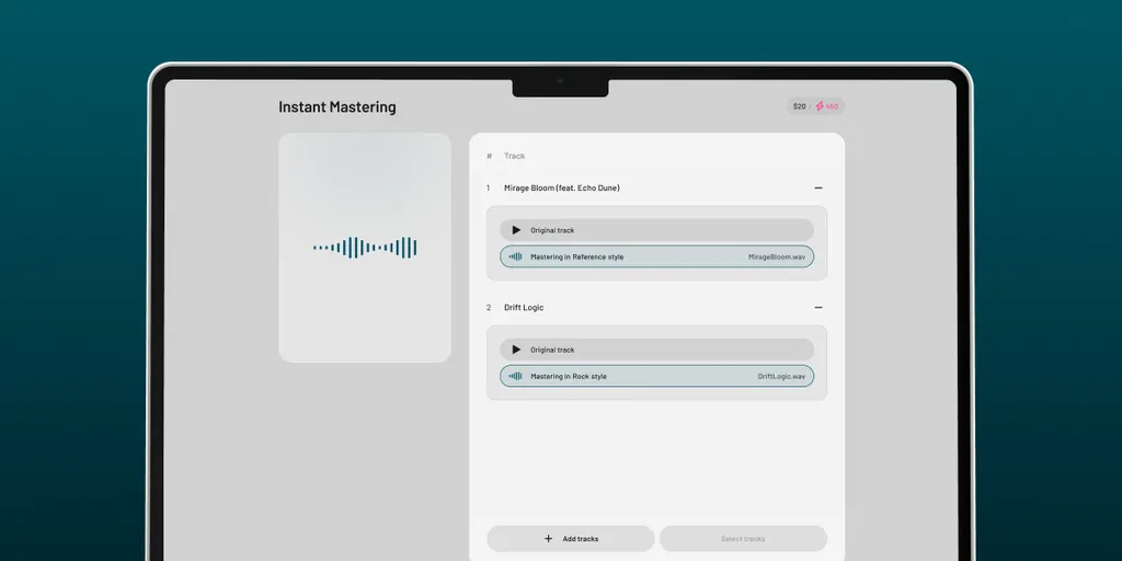 Laptop screen displaying iMusician's Instant Mastering tool, with waveform, playback controls, and text input fields.