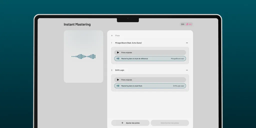Écran d'ordinateur portable affichant le logiciel Instant Mastering d'iMusician. Avec barre de progression et cases à cocher sur fond bleu foncé.