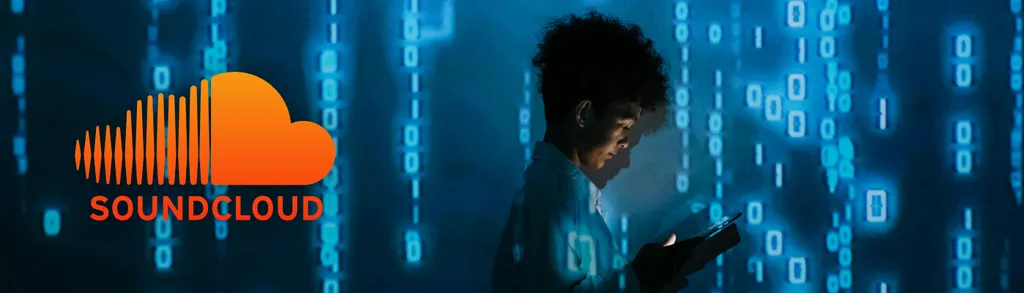 Soundcloud logo, person in silhouette against a digital background with binary code.