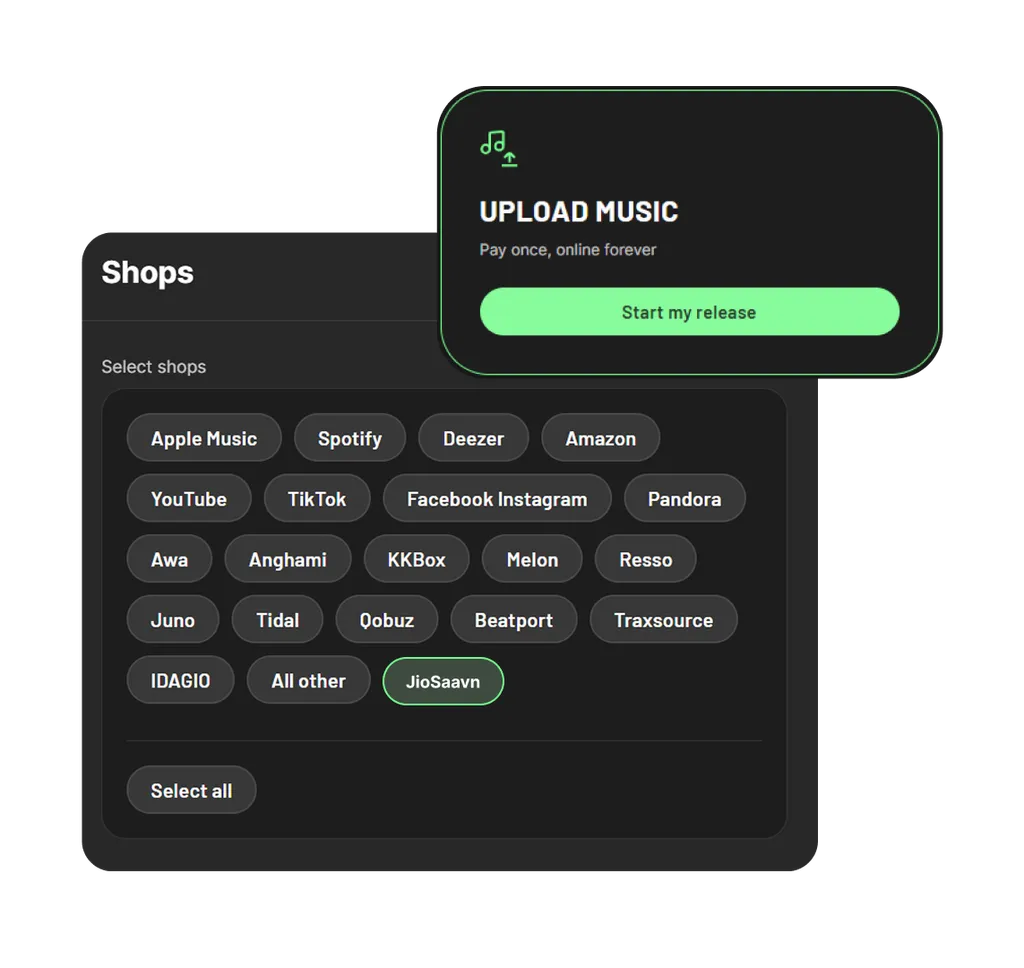 Dark interface showing music upload popup with green "Start my release" button and shop selection menu with platform options like Spotify, Apple Music, YouTube, TikTok.