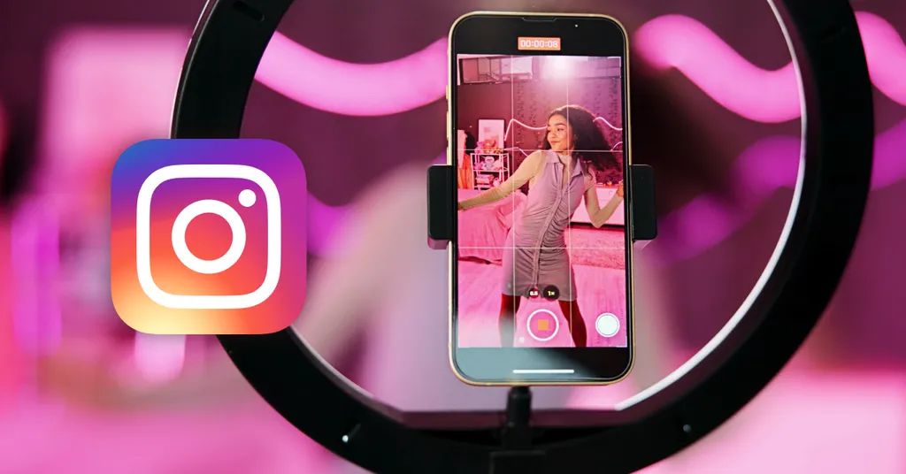 Smartphone mounted in black ring light showing woman on screen, with Instagram logo overlay against purple-pink blurred background.