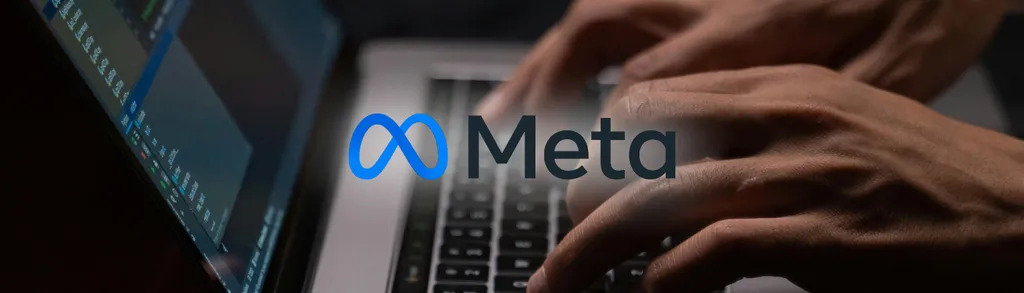 Hands typing on laptop keyboard with Meta logo and blue infinity symbol overlaid on screen displaying code or data.