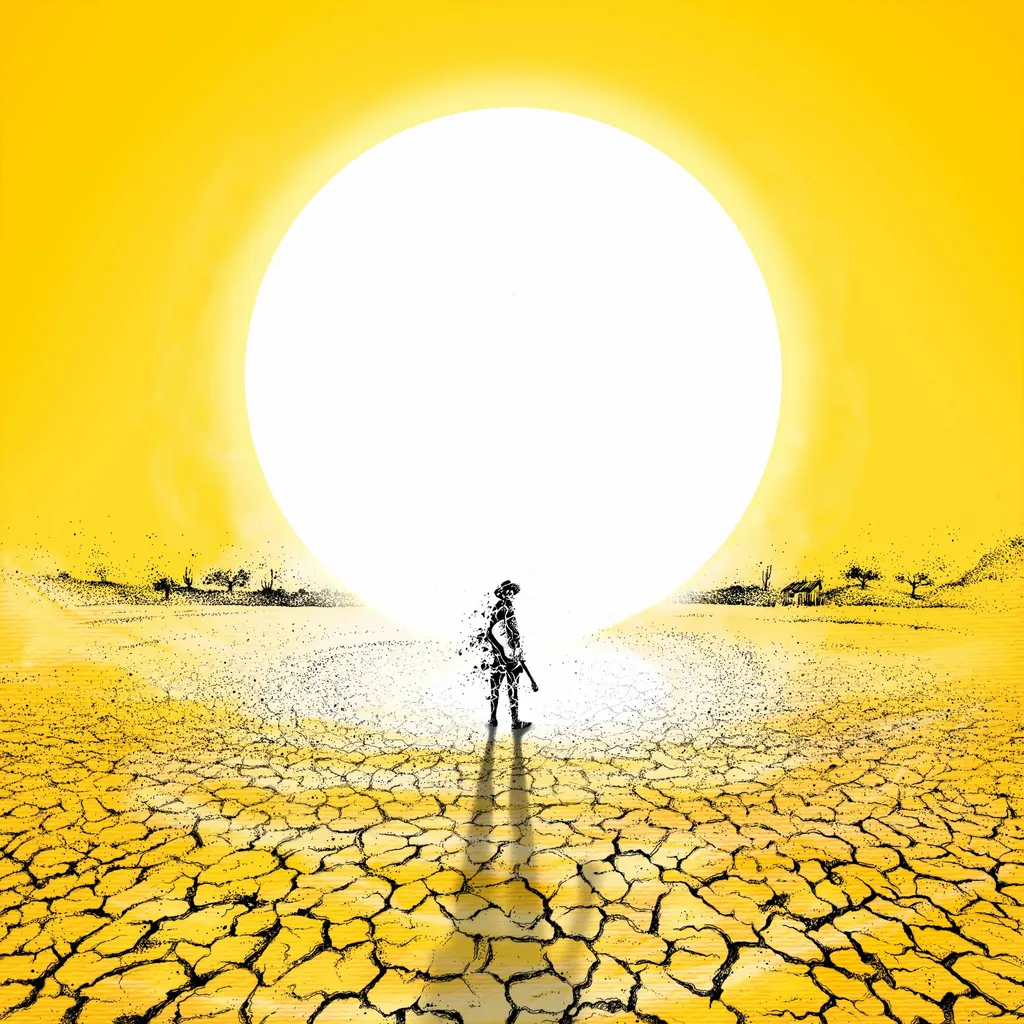 ilustração fundo amarelo com pôr do sol e homem no sertão
