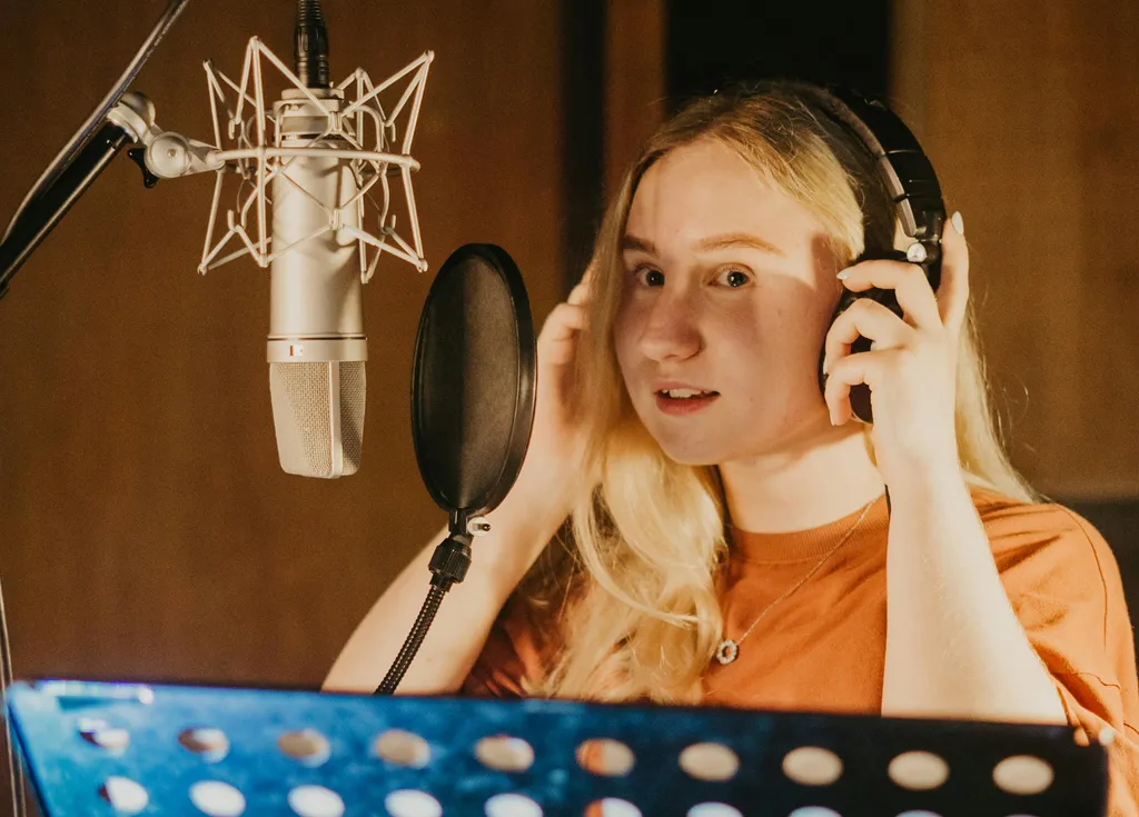 Smiling woman in orange shirt using microphone in recording studio.