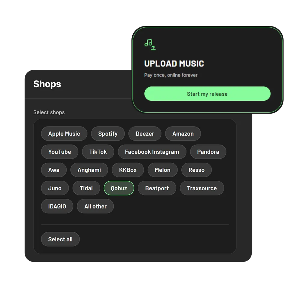 Dark interface showing music upload dialog with green button and shop selection menu featuring streaming platform options like Spotify, Apple Music, YouTube, and others.