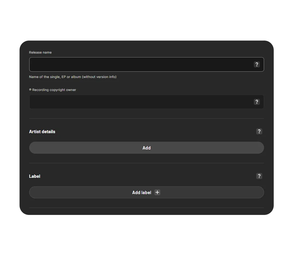 Dark form interface with fields for release name, artist details, and labels. Gray text boxes and buttons on black background.
