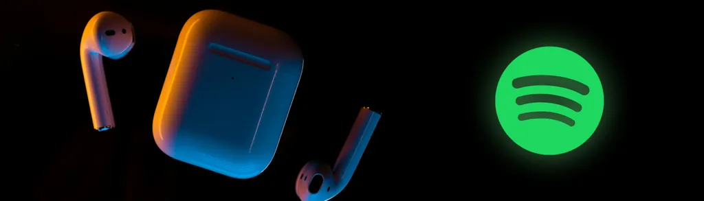 Blue wireless earbuds with orange rim lighting next to bright green circular Spotify logo on black background.