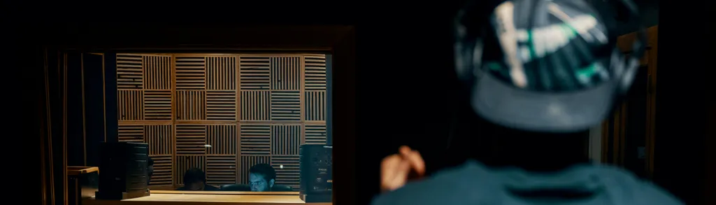 Person in dark clothing facing geometric wooden wall panels with linear patterns. Bright light source visible in upper right corner.