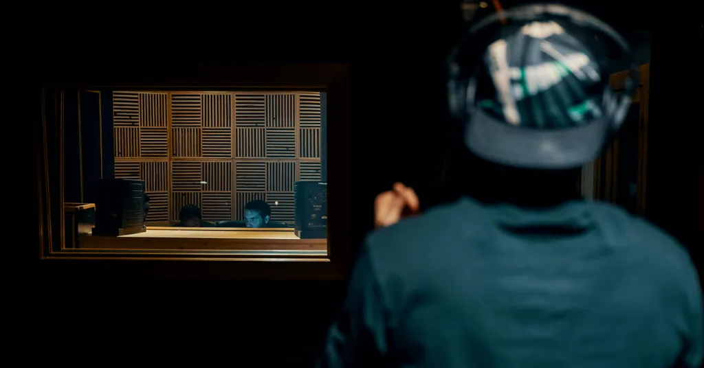 Homme en vêtements bleus et casquette regardant un écran illuminé avec motifs géométriques dorés sur fond sombre.