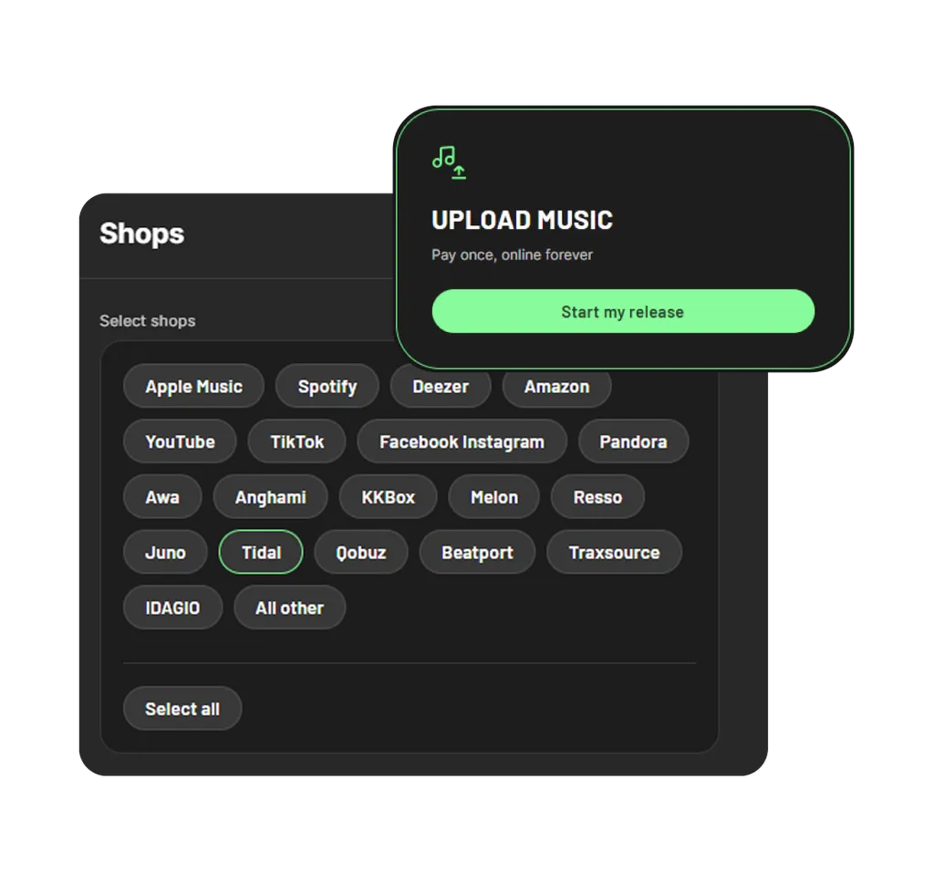 Dark interface showing music platform selection with "Upload Music" panel featuring green "Start my release" button and shop options below.