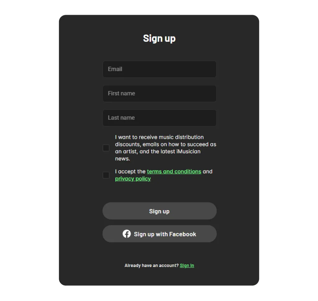 Anmeldeformular mit E-Mail-, Vorname- und Nachname-Feldern, Checkboxen, grünen Links und Facebook-Anmeldeoption auf dunklem Hintergrund
