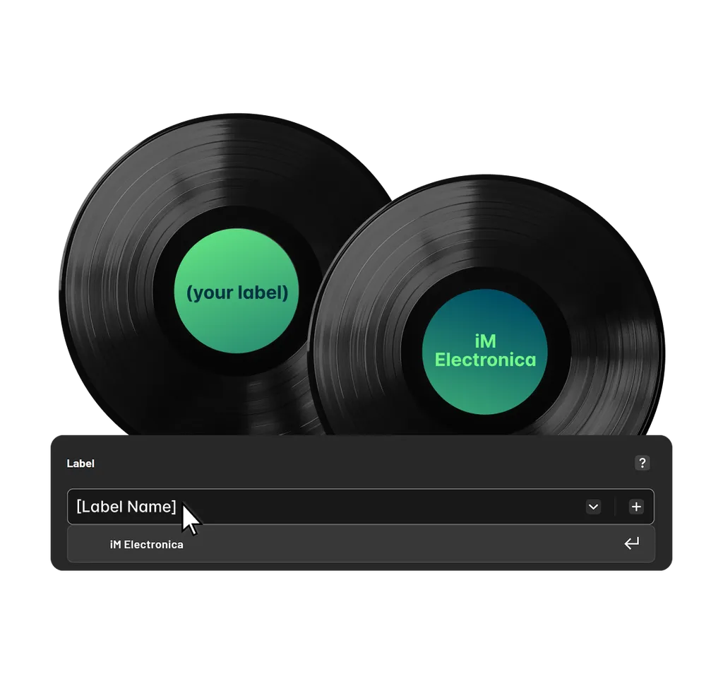 Two black vinyl records with green center labels on black background. Interface shows dropdown menu for "Label Name" below records.
