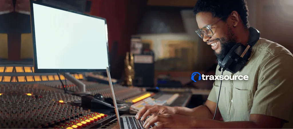 Mann mit Brille arbeitet an Laptop vor Mischpult in Tonstudio, warmes Licht, Traxsource-Logo rechts.