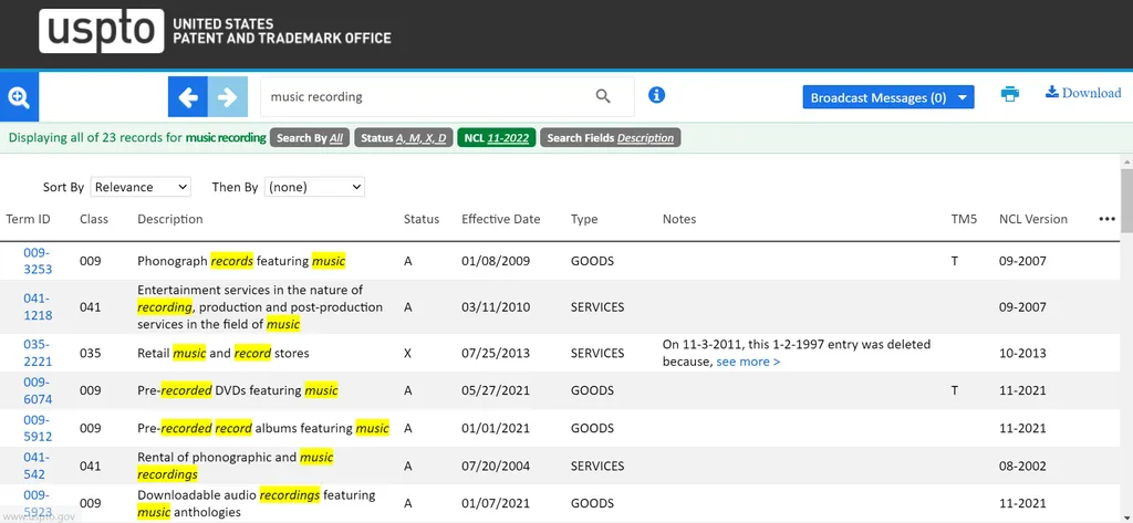 USPTO class description search