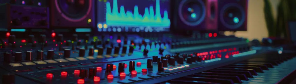 Mezclador de música con luces coloridas y controles complejos.