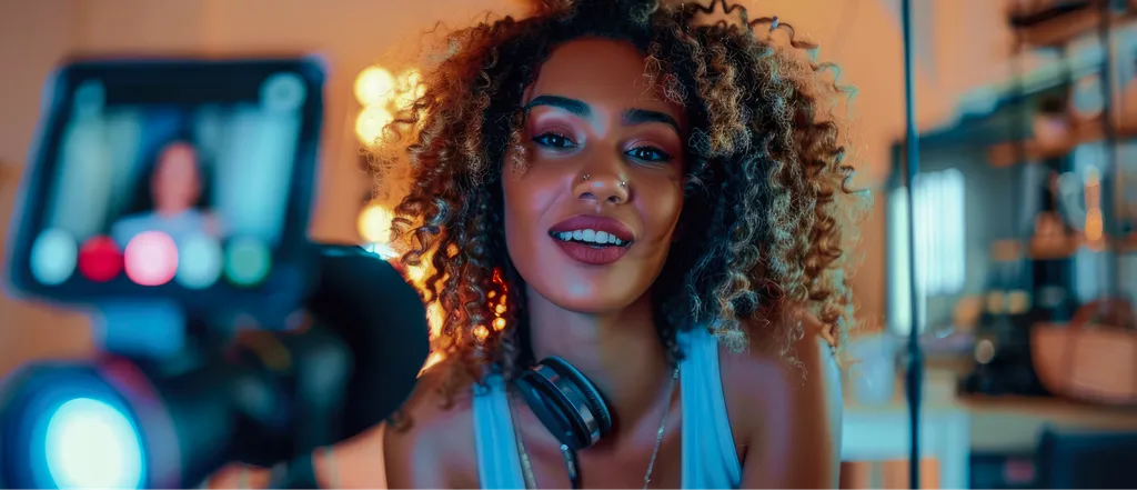 Eine Person mit lockigen Haaren und Kopfhörern um den Hals lächelt in die Kamera. Sie scheint ein Video aufzunehmen oder live zu streamen, mit weichem Licht im Hintergrund und einem Monitor neben sich.