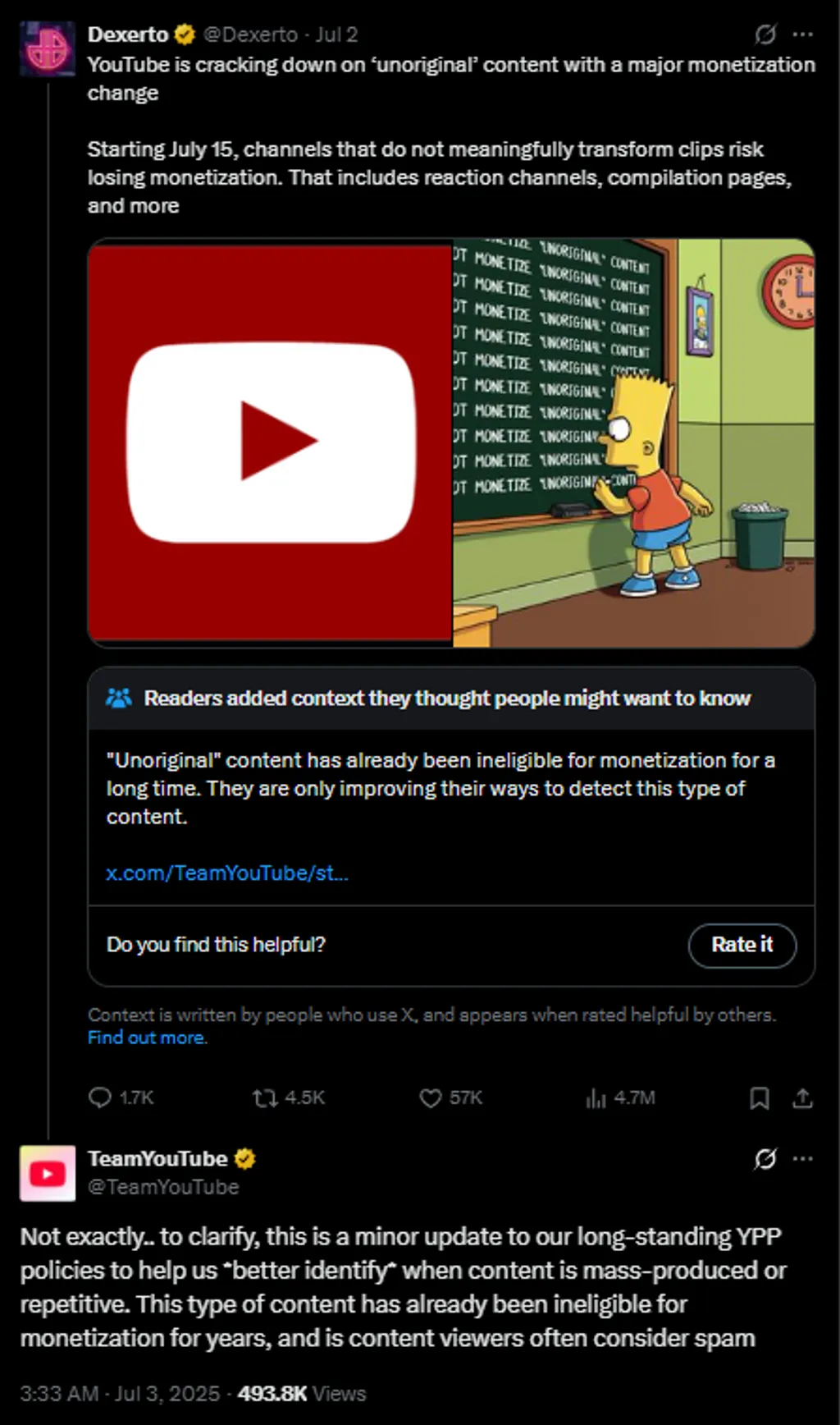 Social media post with YouTube's red logo and white play button alongside yellow cartoon character in green room with blackboard.