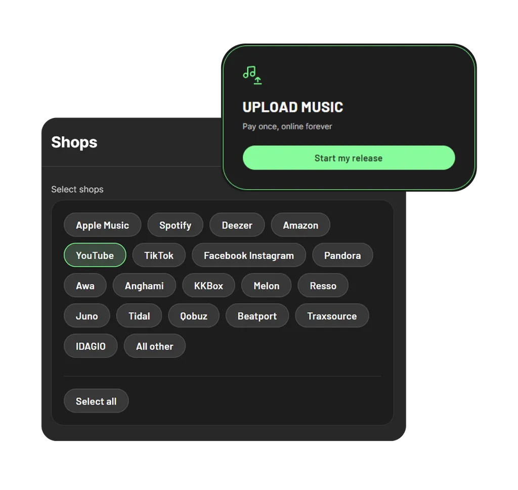 Interfaz de aplicación musical con ventana emergente verde "UPLOAD MUSIC" y panel de selección de tiendas con botones grises de plataformas.