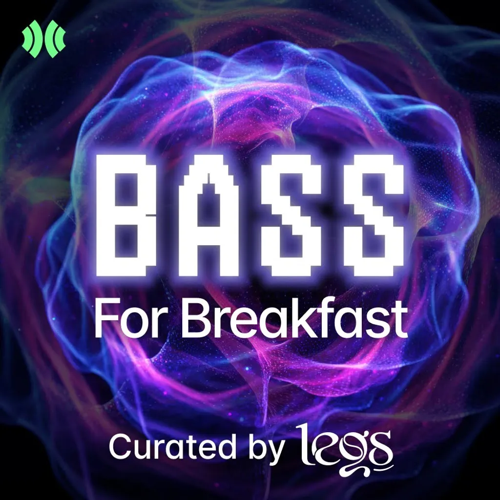 Digital artwork with swirling blue and purple energy patterns surrounding white pixelated "BASS" text and "For Breakfast" subtitle.