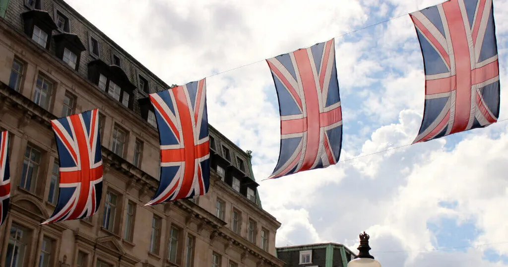UK flags hanging across a street